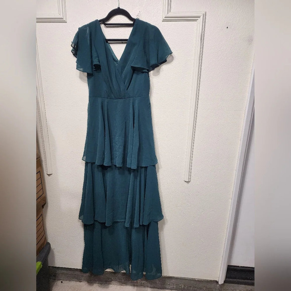 Lulus Sincerely Exquisite Emerald Green Short Sleeve Tiered Maxi Dress Wedding - Picture 6 of 8